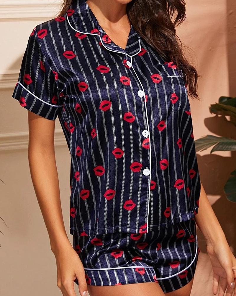 

Striped / Star / Graphic / Lip Print Satin Pajamas Set, Purplish blue