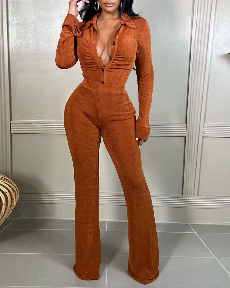 

Long Sleeve Ruched Button Down Shirt & Pants Set, Brown