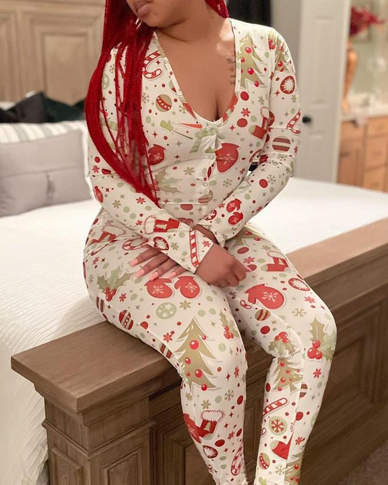 

Christmas Print Button Design Lounge Jumpsuit, Apricot