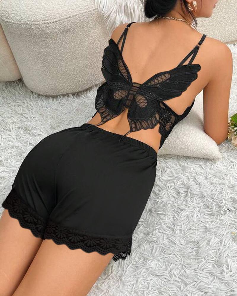 

Butterfly Pattern Crochet Lace Cami Set, Black