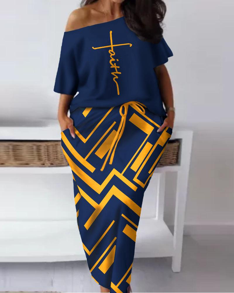 

Plus Size Faith Geometric Print Casual Top & Skirt Set, Purplish blue