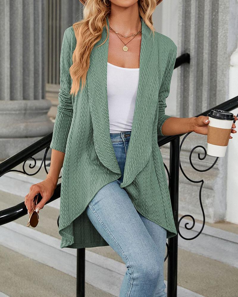 

Open Front Asymmetrical Cable Knit Cardigan, Green