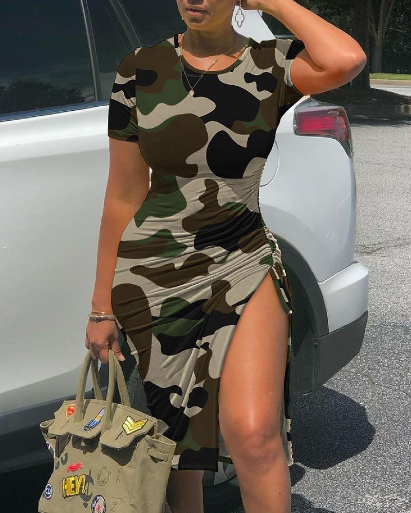 

Camouflage Print Drawstring High Slit Dress, Camoflage