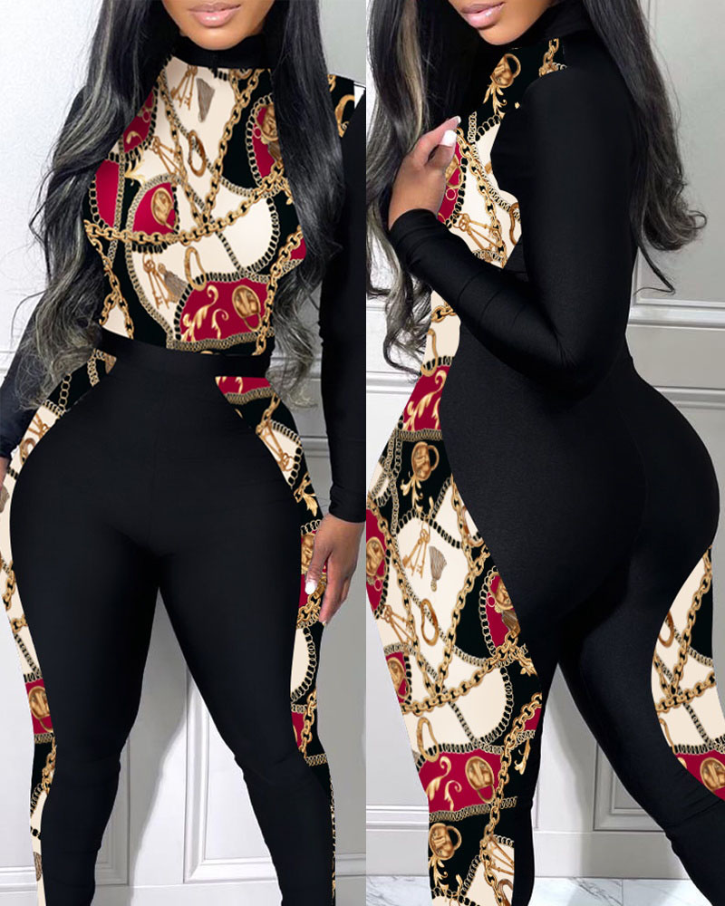 

Plus Size Scarf Chain Print Long Sleeve Jumpsuit, Black