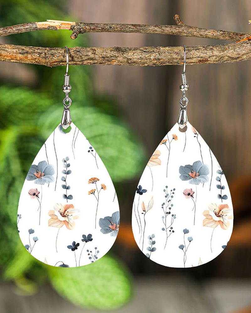 

1Pair Floral Print Water Drop Hook Earrings, White