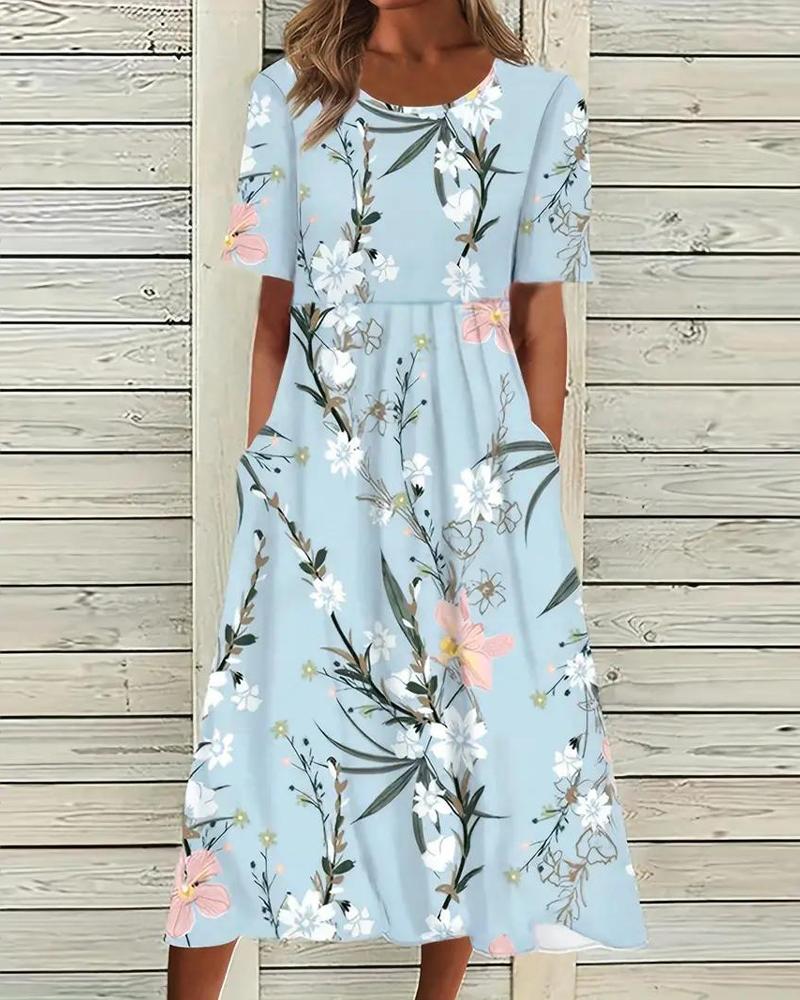 

Floral Print Round Neck Casual Dress, Blue