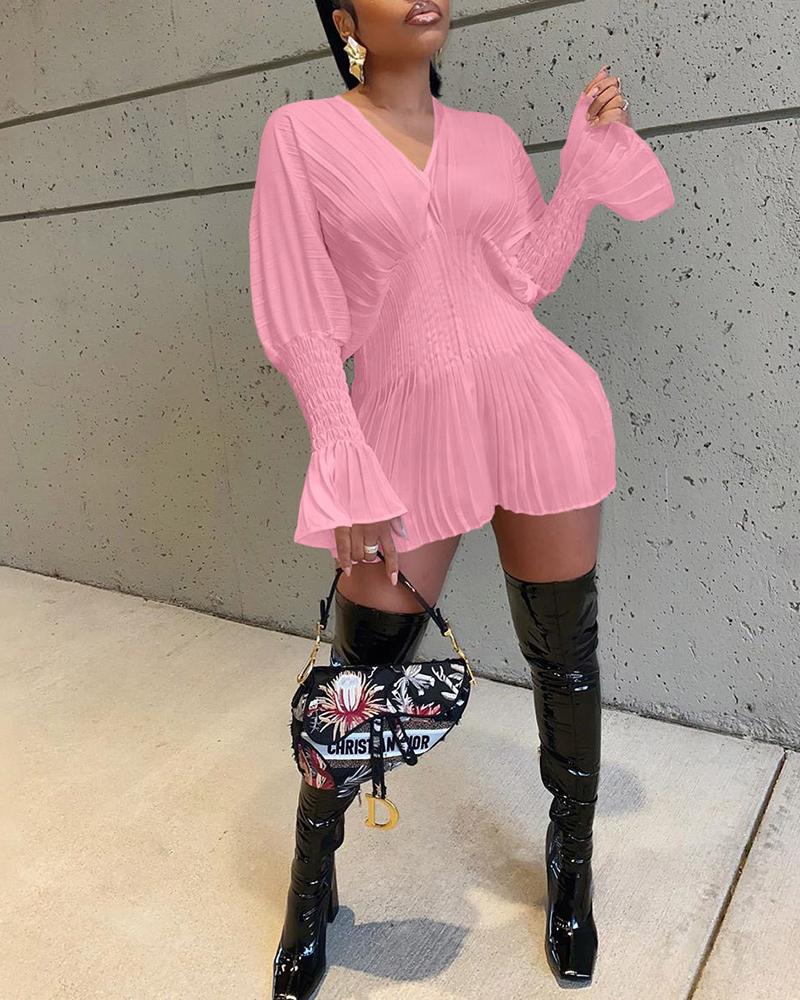 

Bell Sleeve Ruched Shirred Detail Casual Dress, Pink