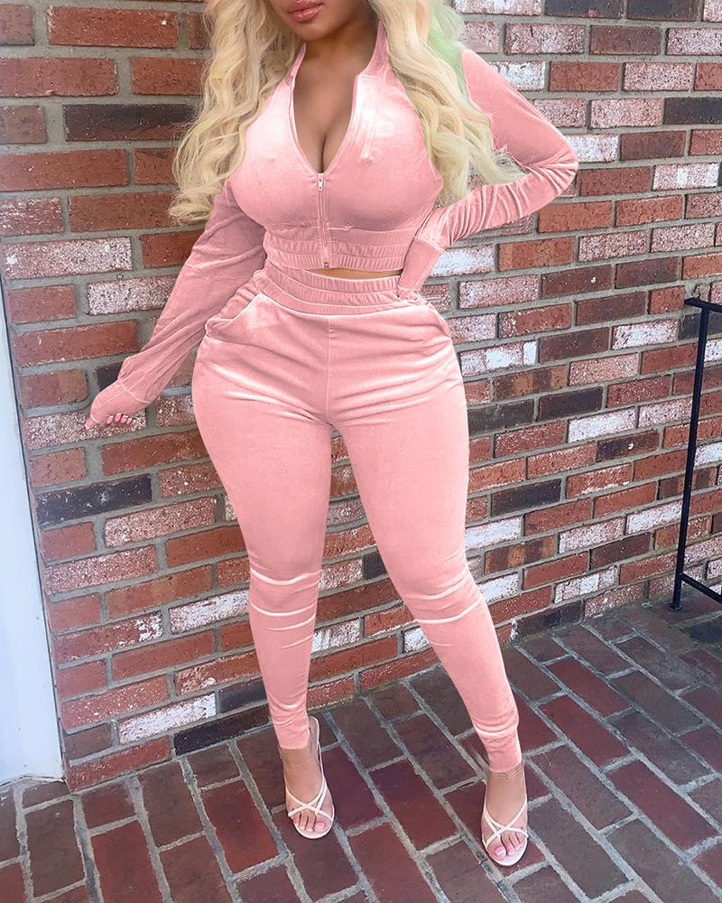 

Zipper Design Long Sleeve Crop Top & Skinny Pants Set, Pink