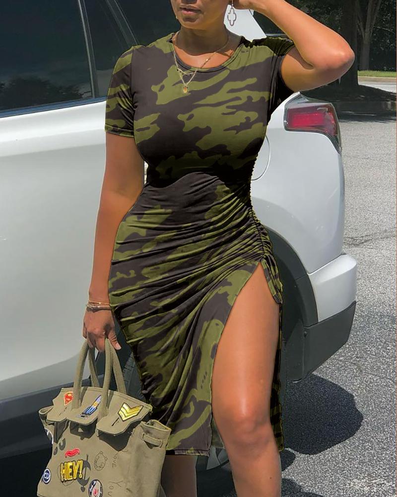 

Camo Print Drawstring Ruched High Slit Casual Dress, Black
