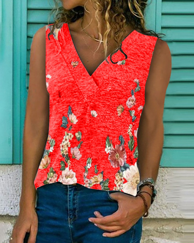 

Floral Print V Neck Casual Tank, Red