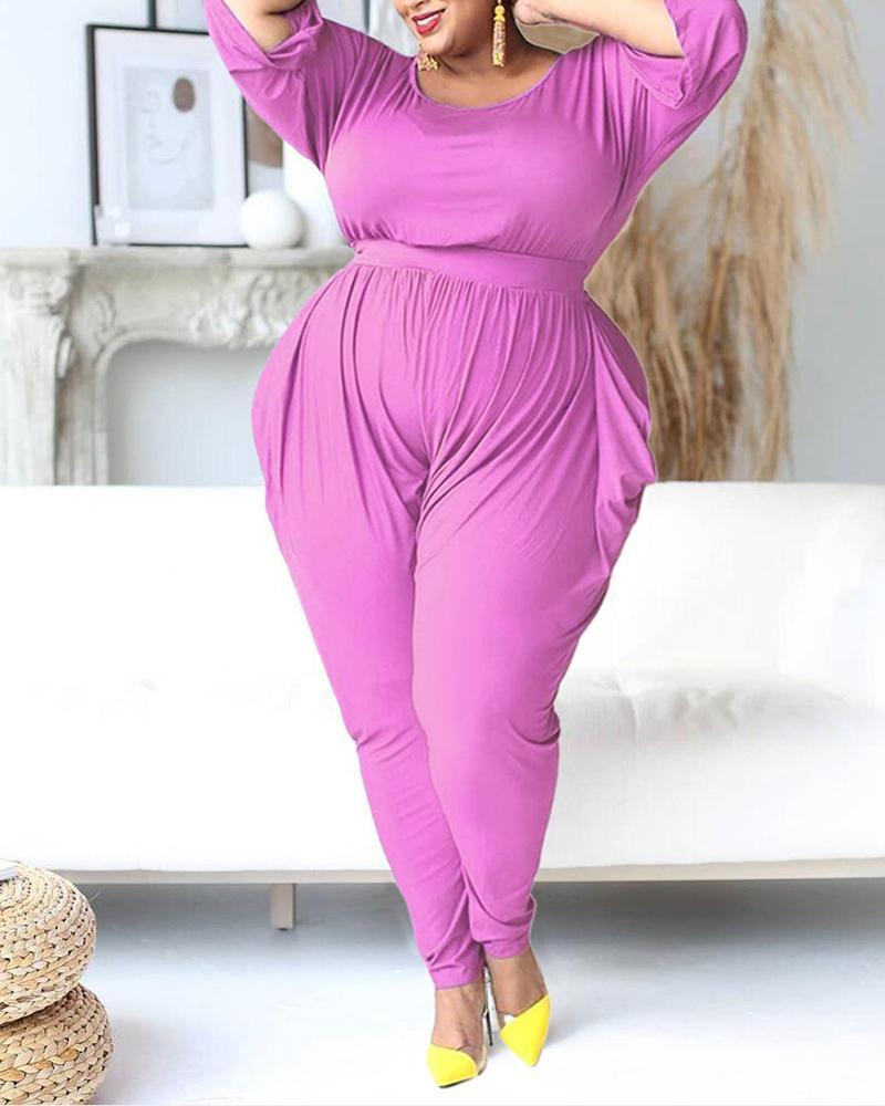 

Plus Size Round Neck Pocket Detail Jumpsuit, Hot pink