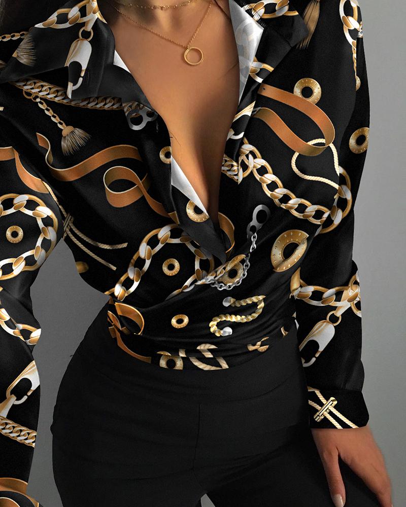 

Chain Scarf Print Long Sleeve Top, Black