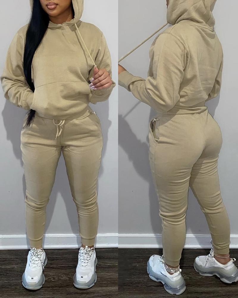 

Long Sleeve Casual Hoodie & Drawstring Pants Set, Khaki