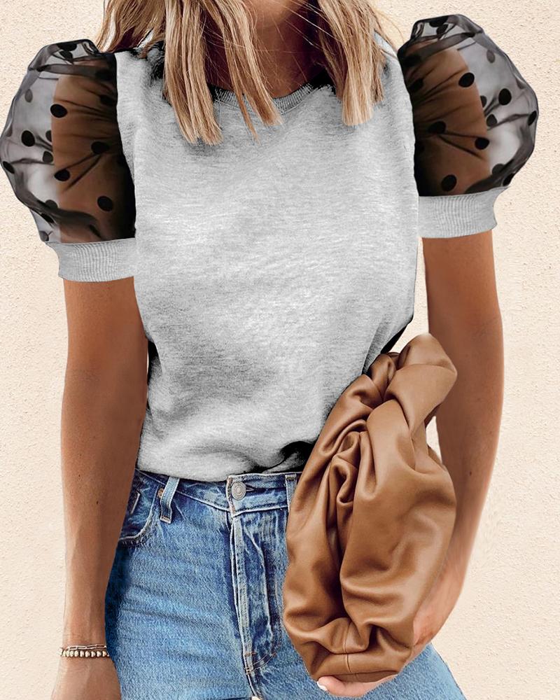 

Polkadot Print Puffed Sleeve Short Sleeve T-shirt, Gray