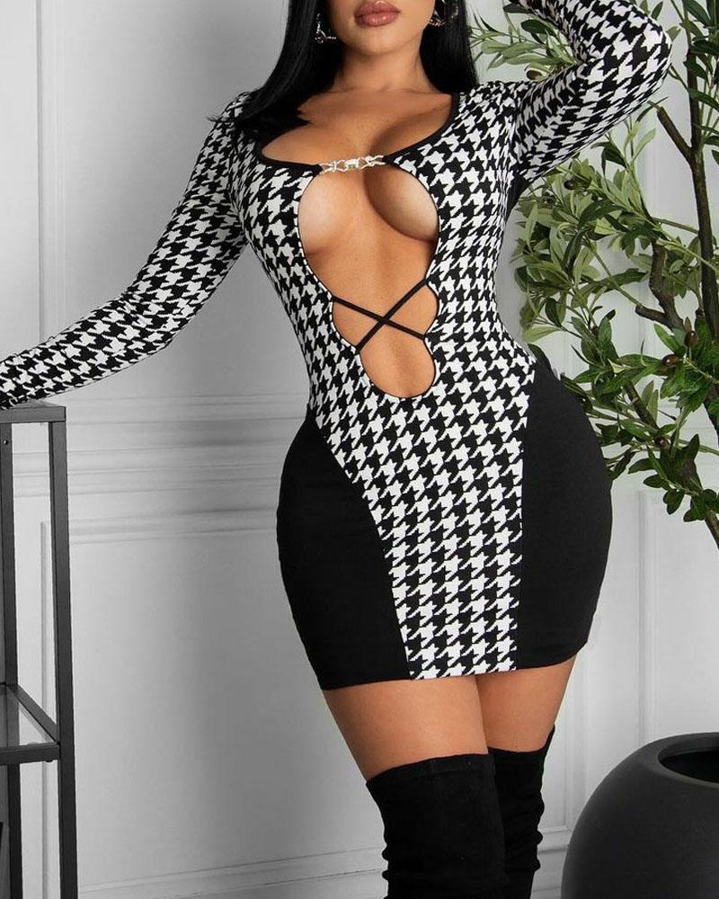 Houndstooth Print Cutout Long Sleeve Bodycon Dress