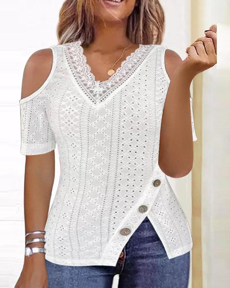 

Cold Shoulder Eyelet Embroidery Split Hem top, White