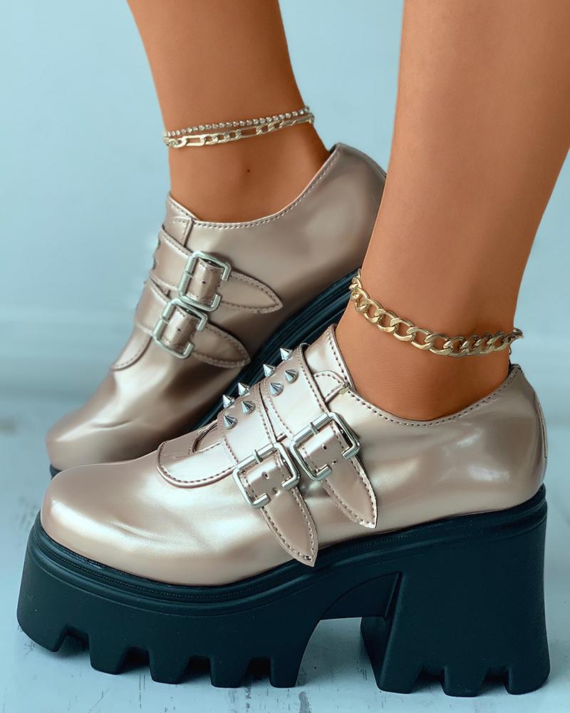 

Studded Decor Buckled Platform Chunky Boots, Gold