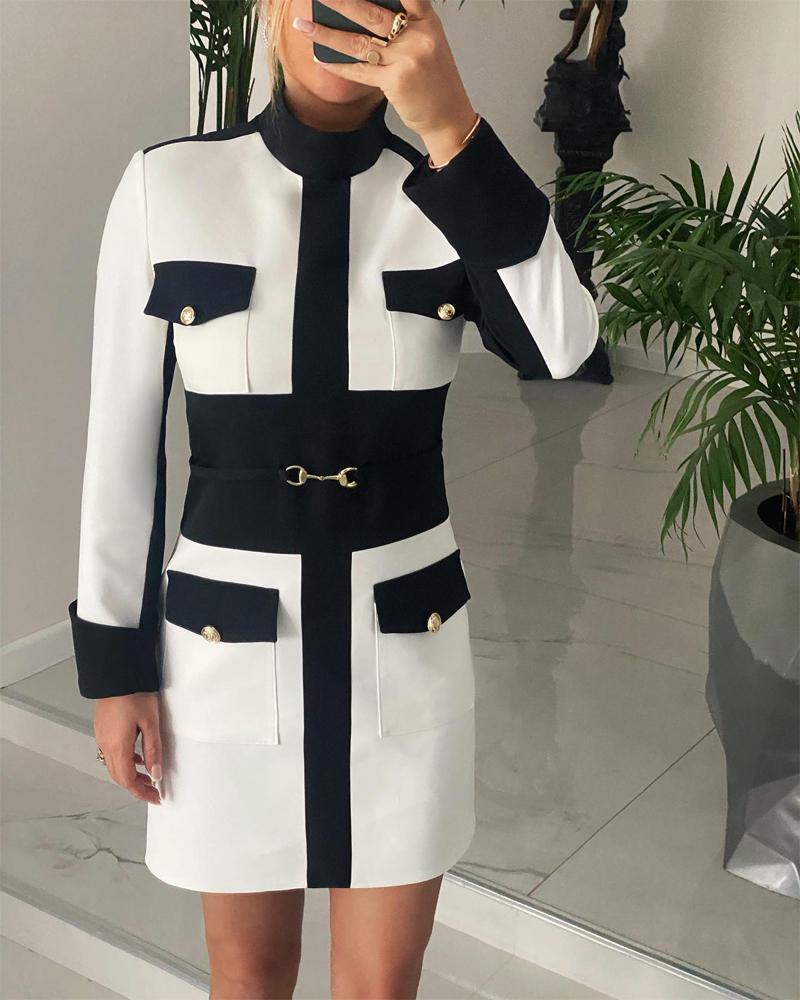 

Colorblock Pocket Design Long Sleeve Work Dress, White