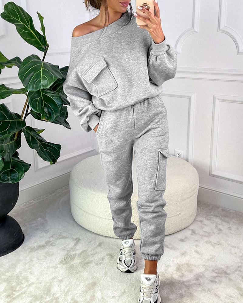 

Round Neck Pocket Design Sweatshirt & Cuffed Sweatpants Set, Gray