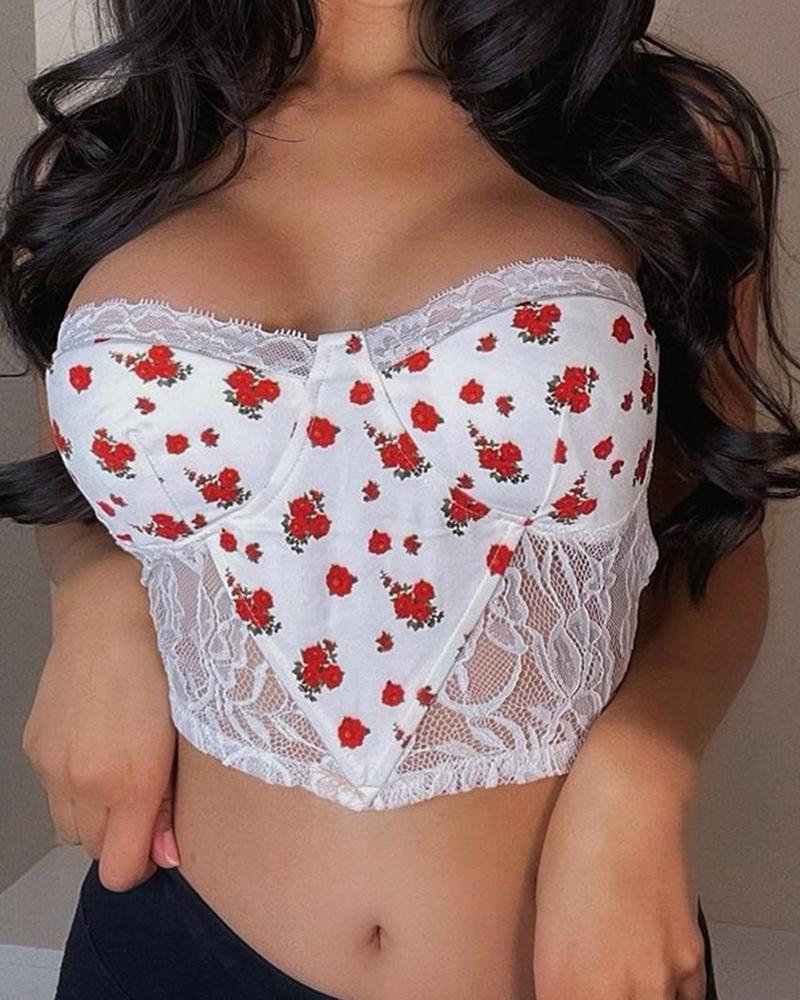 

Floral Print Splicing Lace Off Shoulder Sleeveless Cropped Top, Red