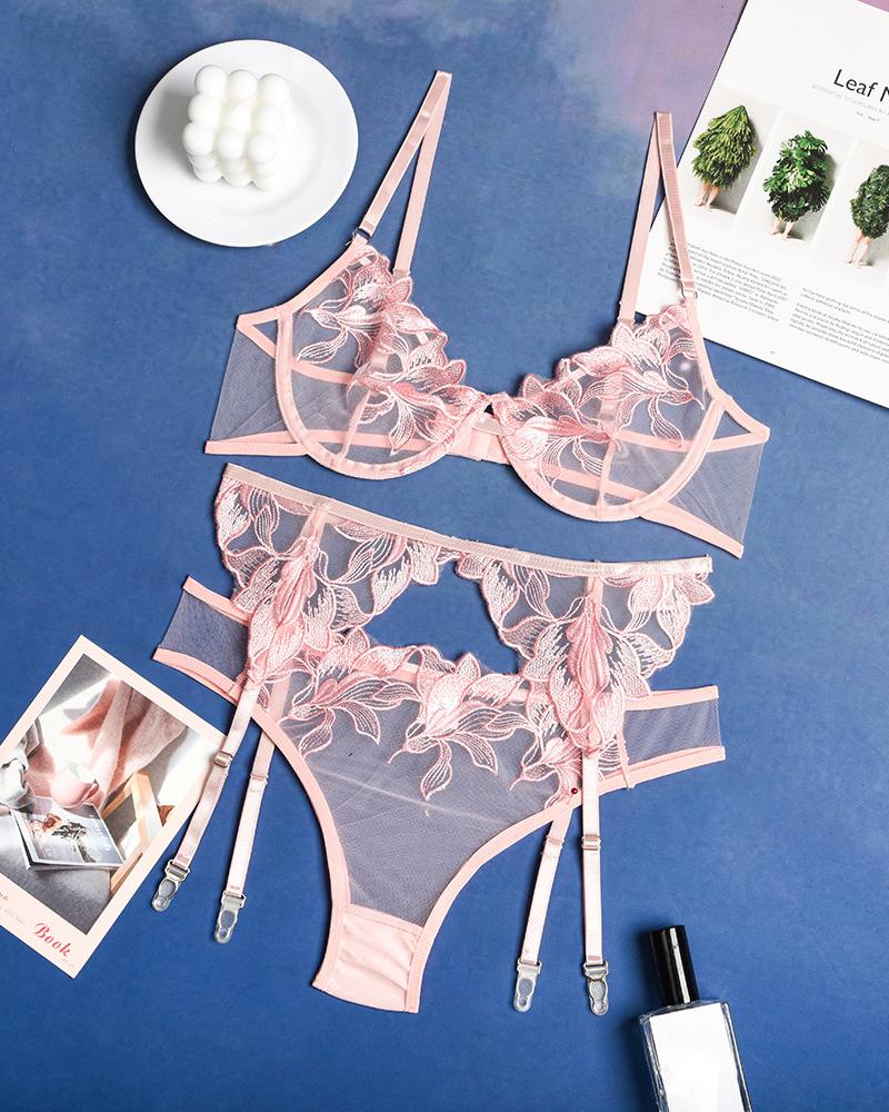 

Floral Embroidery Sheer Mesh Garter Lingerie Set, Pink