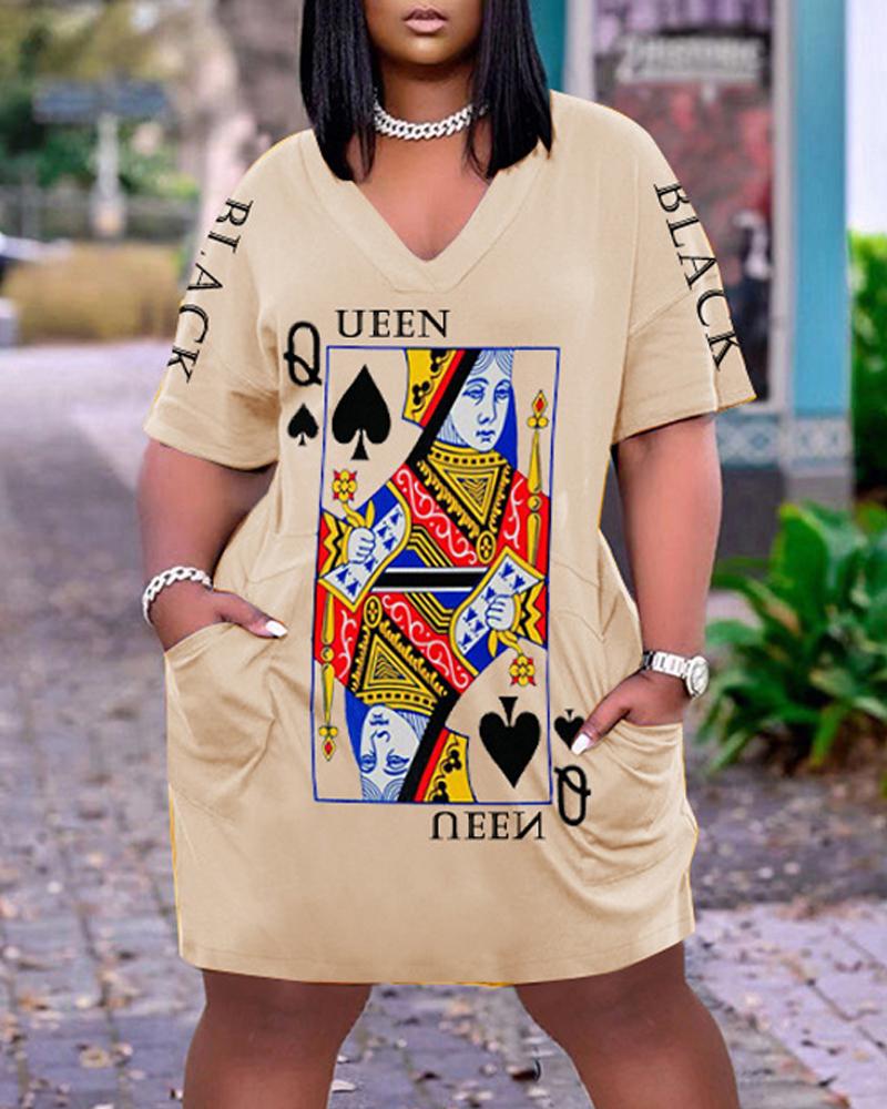 

Poker Print Pocket Design V-Neck Casual Dress, Beige