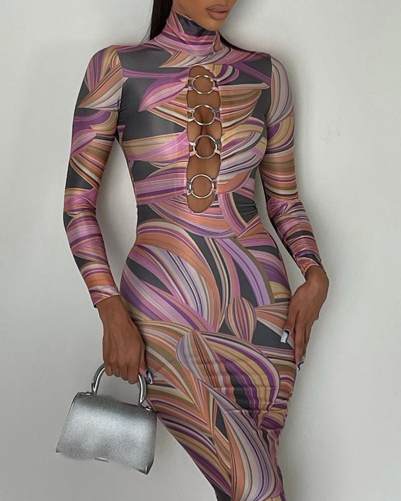 

O-Ring Cutout Front Long Sleeve Marble Print Dress, Purple