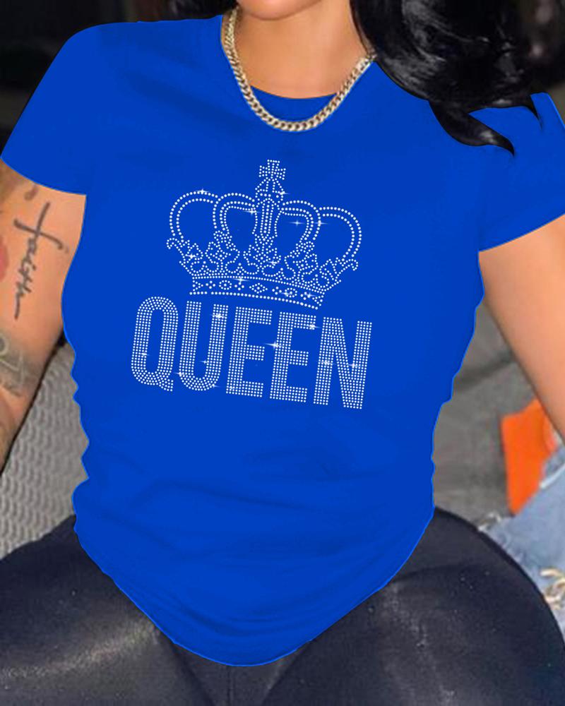 

Rhinestone Letter Crown Pattern Casual T-shirt, Blue