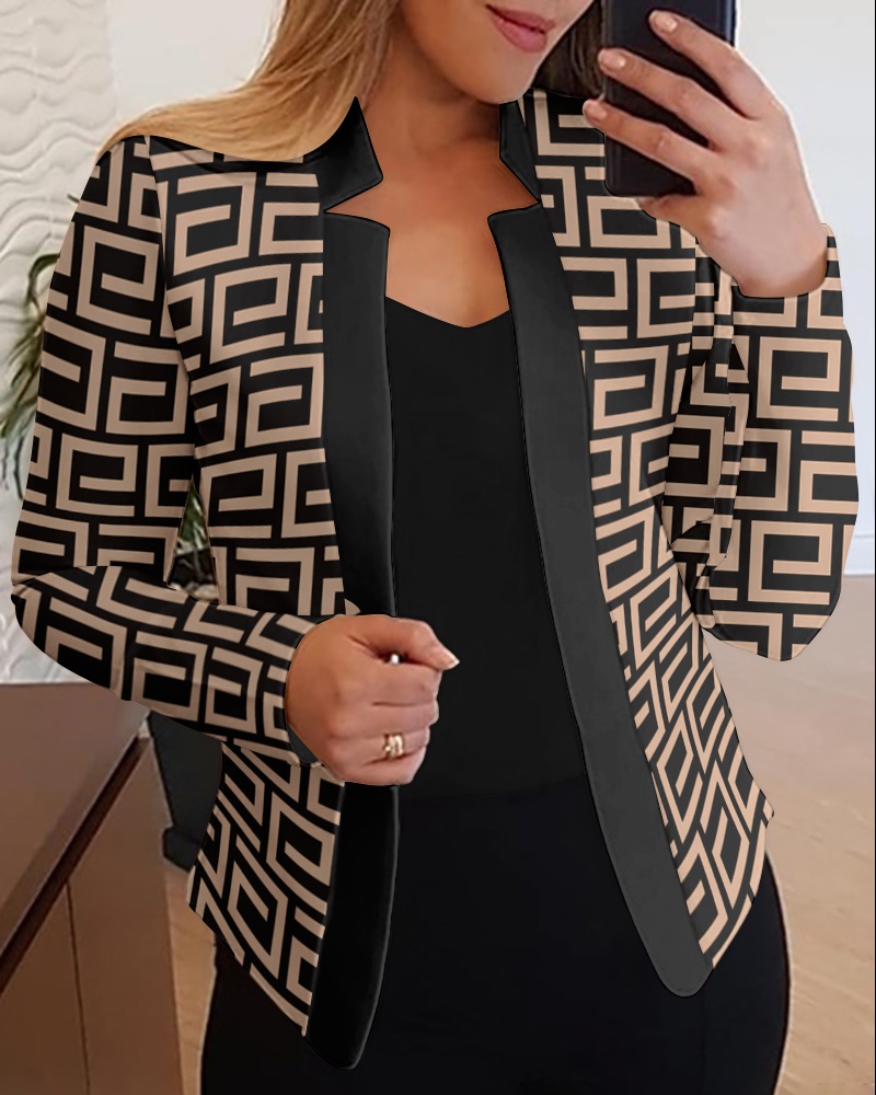 

Geometric Print Long Sleeve Coat, Khaki