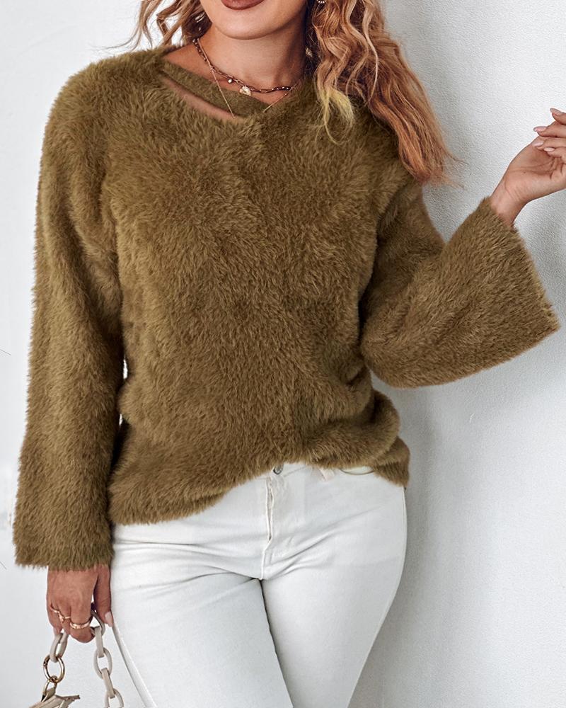 

Fuzzy Asymmetrical Neck Cutout Knit Sweater, Brown