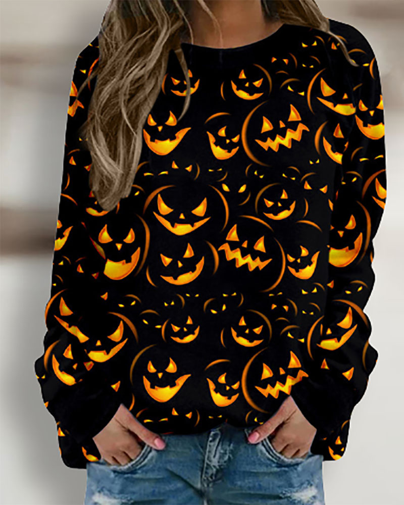 

Halloween Freaky Pumpkin Print Long Sleeve Sweatshirt, Black