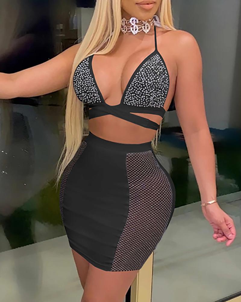 

Studded Bandage Backless Top & Colorblock Skirt Set, Black