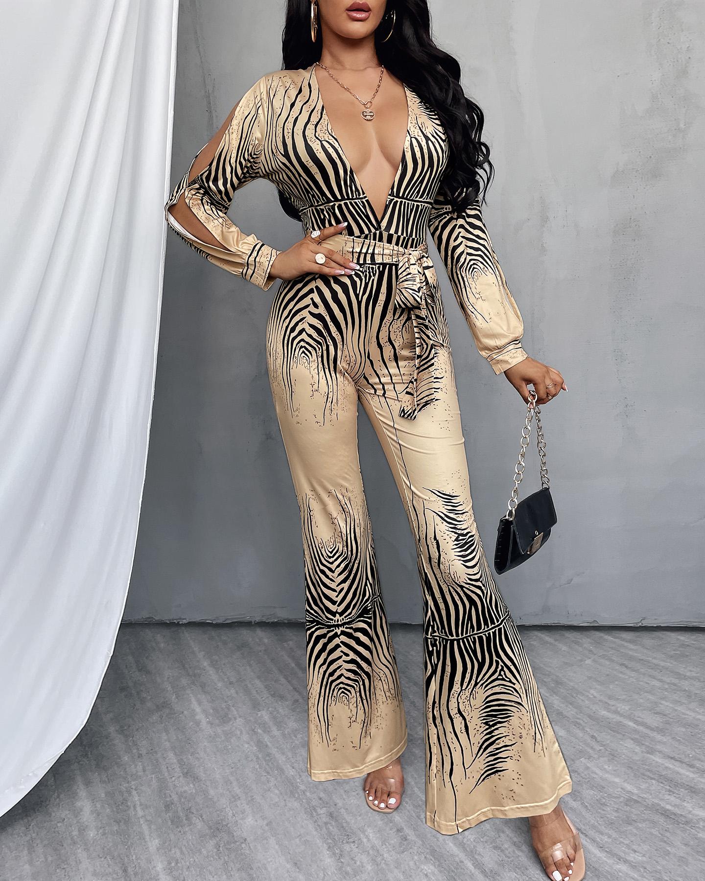 

Deep V Neck Split Sleeve Belted Jumpsuit, Style1