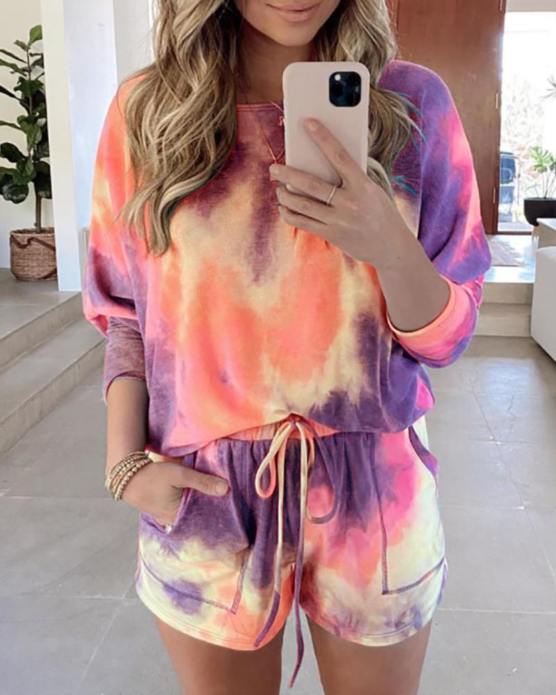

Tie Dye Print Top & Drawstring Shorts Set, Purple