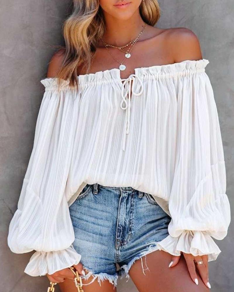 

Off Shoulder Frill Hem Lantern Sleeve Top, White