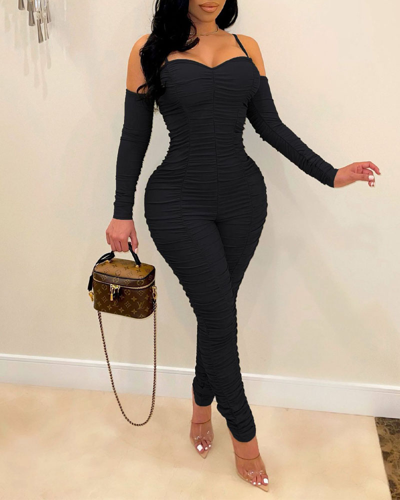 

Cold Shoulder Ruched Skinny Jumpsuit, Black