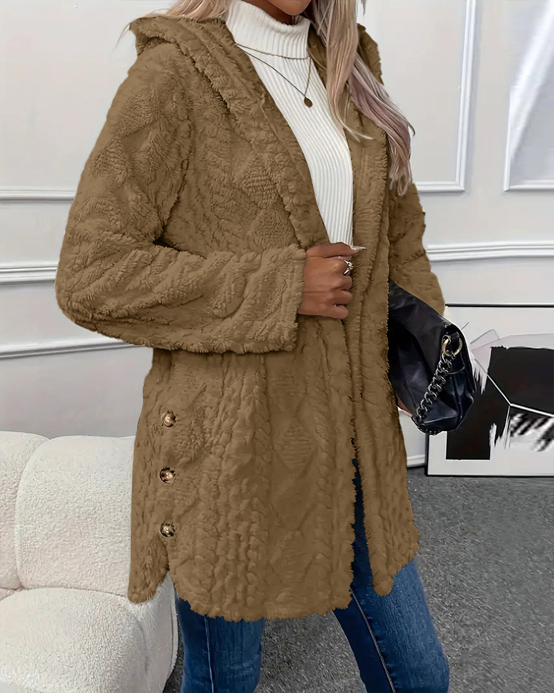 

Argyle Textured Pattern Button Front Hooded Fleece Teddy Coat, Brown