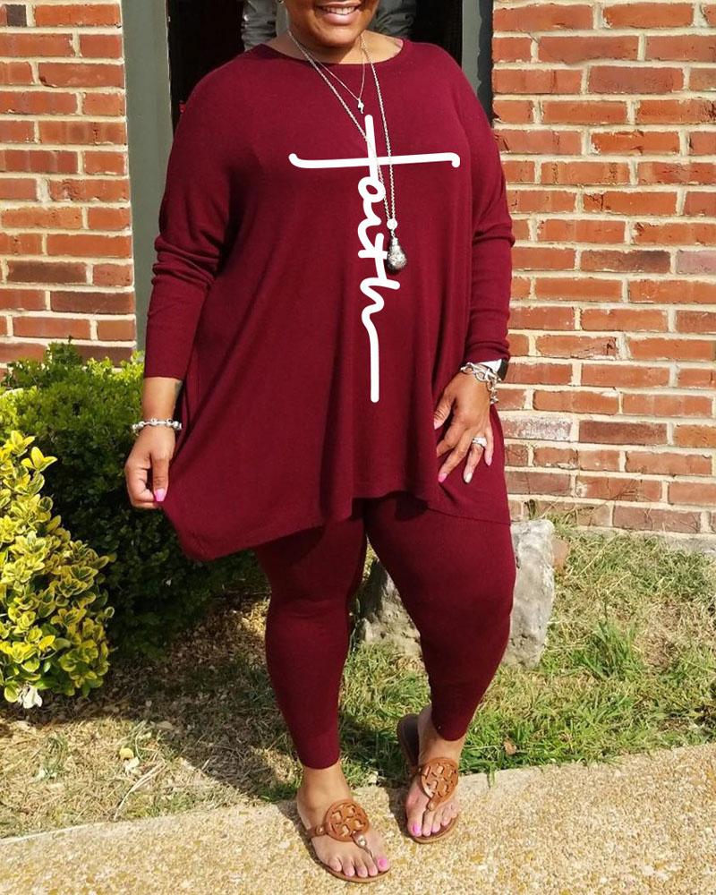 

Plus Size Letter Print Long Sleeve Top & Pants Set, Wine red