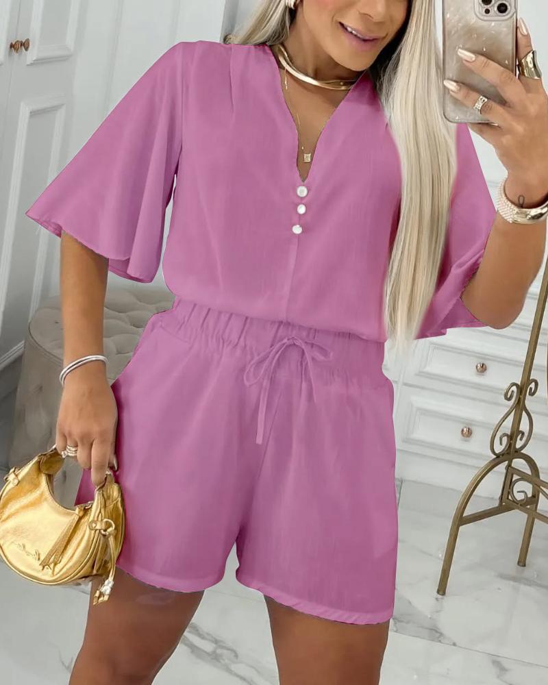 

2 Pieces V Neck Button Decor Bell Sleeve Top and Casual Drawstring Stechy Waist Shorts Set, Pink