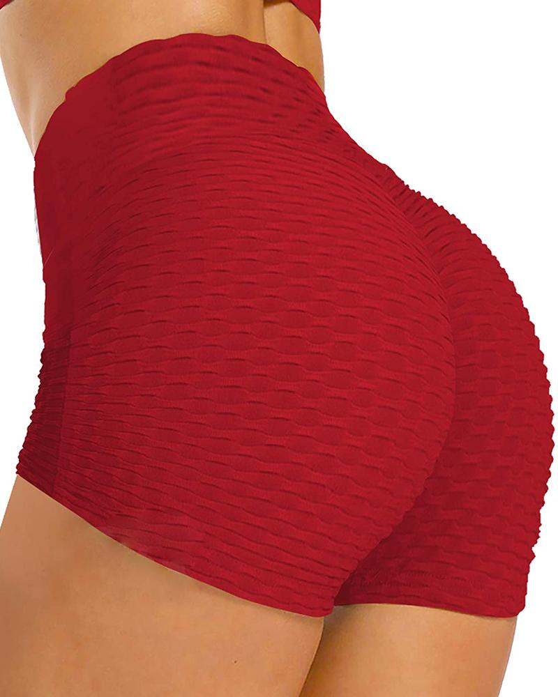 

High Waist Booty Shorts Butt Lifting Bubble Textured Yoga Shorts, Wine red