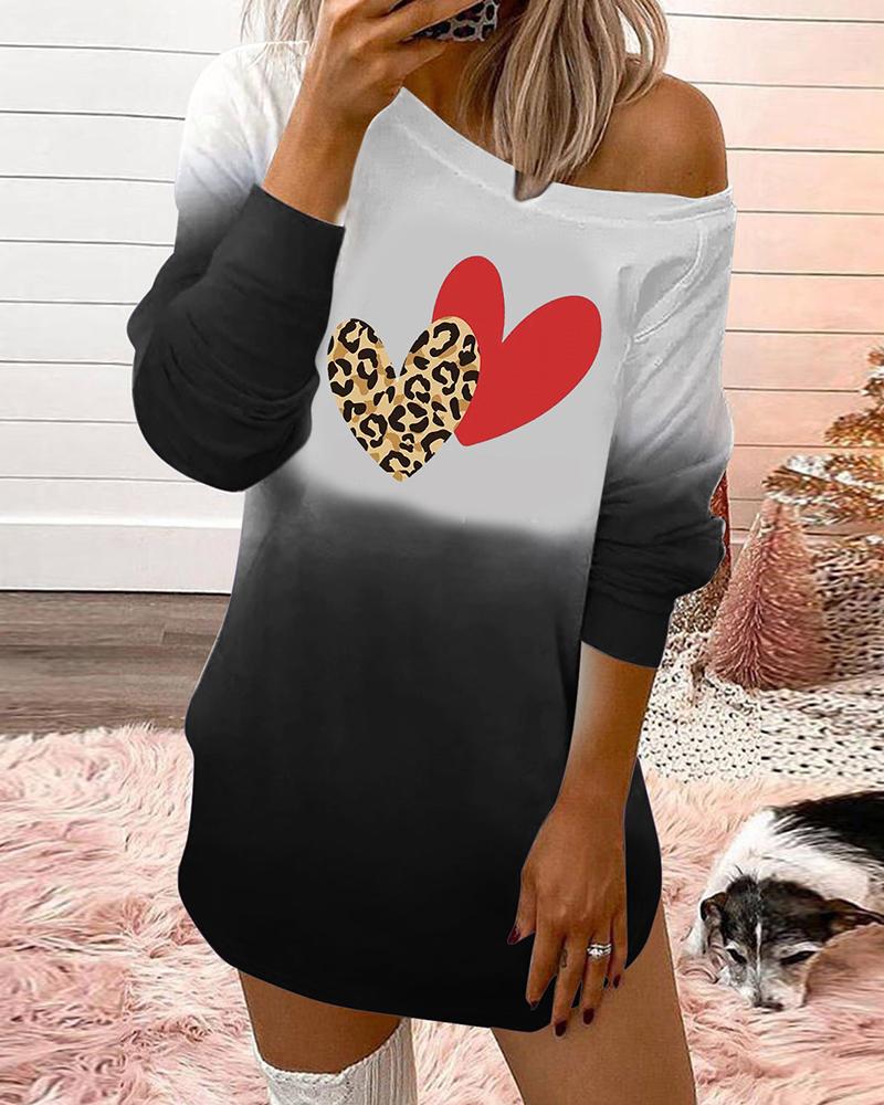 

Valentine' Day Long Sleeve Heart Cheetah Print Colorblock Top, Black