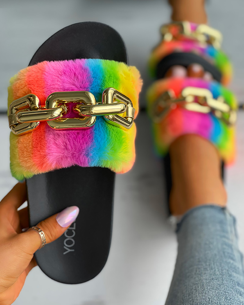 

Colorful Fluffy Chain Strap Slide Slippers, Black