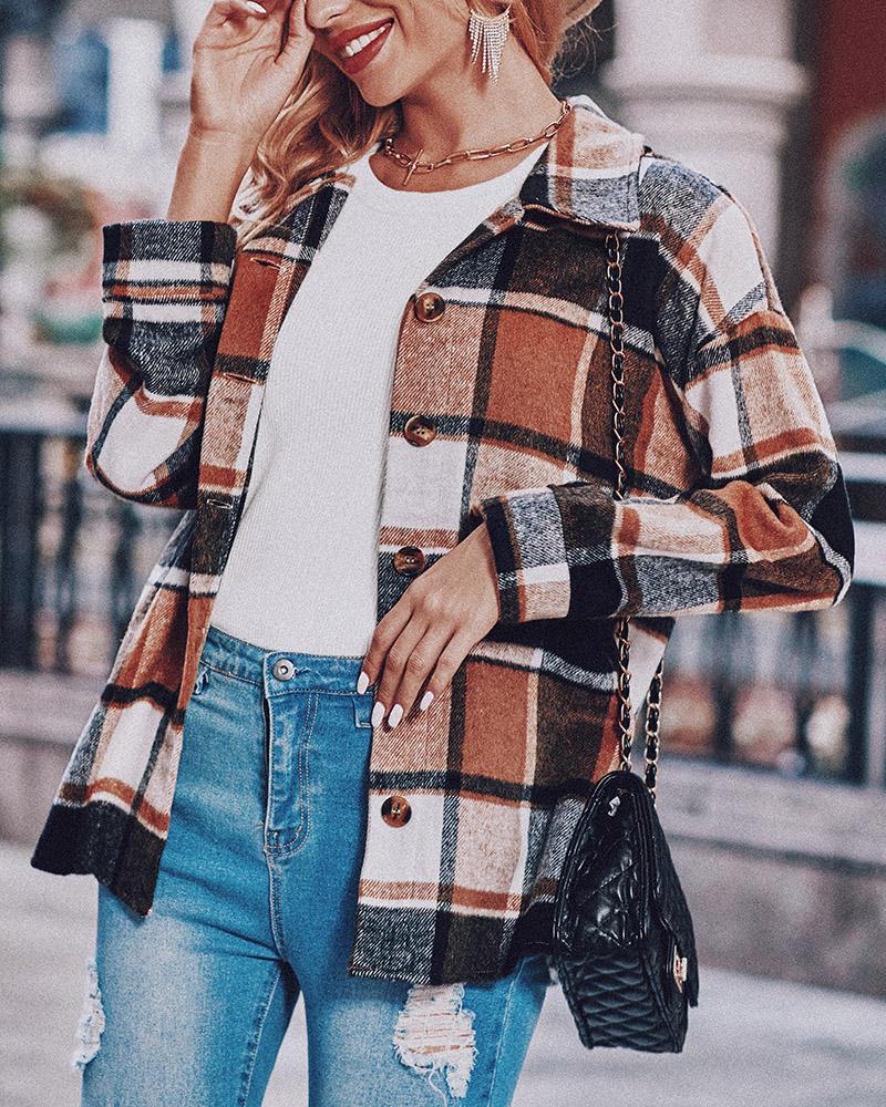 

Plaid Print Buttoned Long Sleeve Shacket, Brown