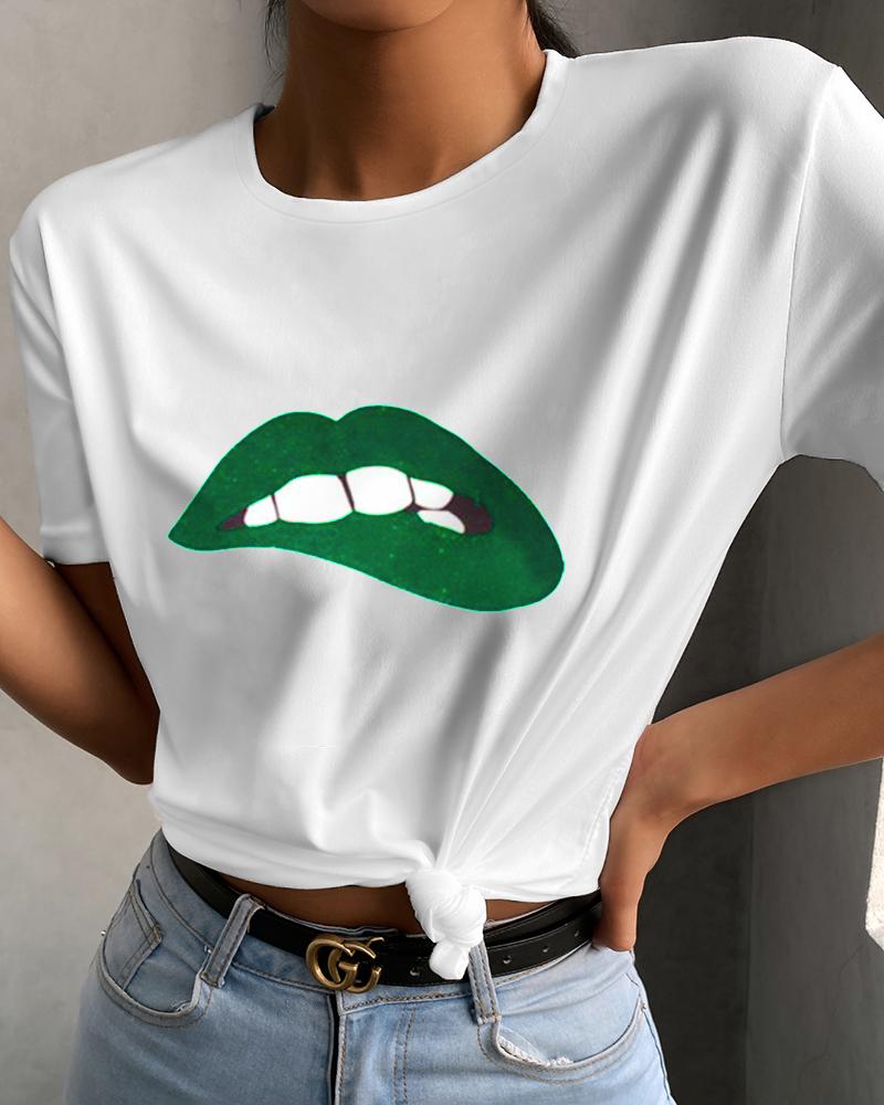 

Lip Print Short Sleeve Casual T-shirt, White