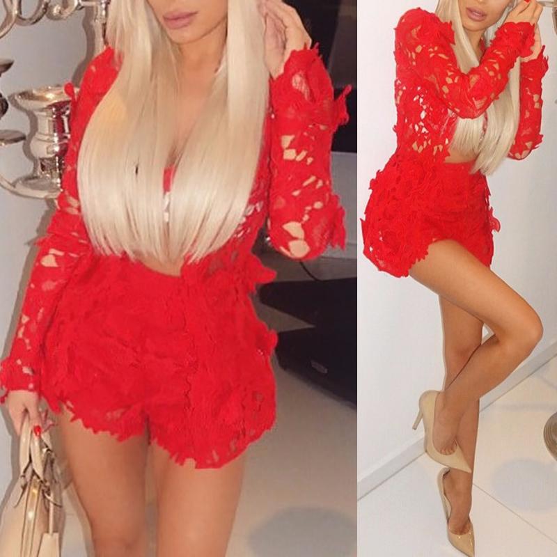 

Sexy Open Front Lace Crochet Short Twinset, Pink