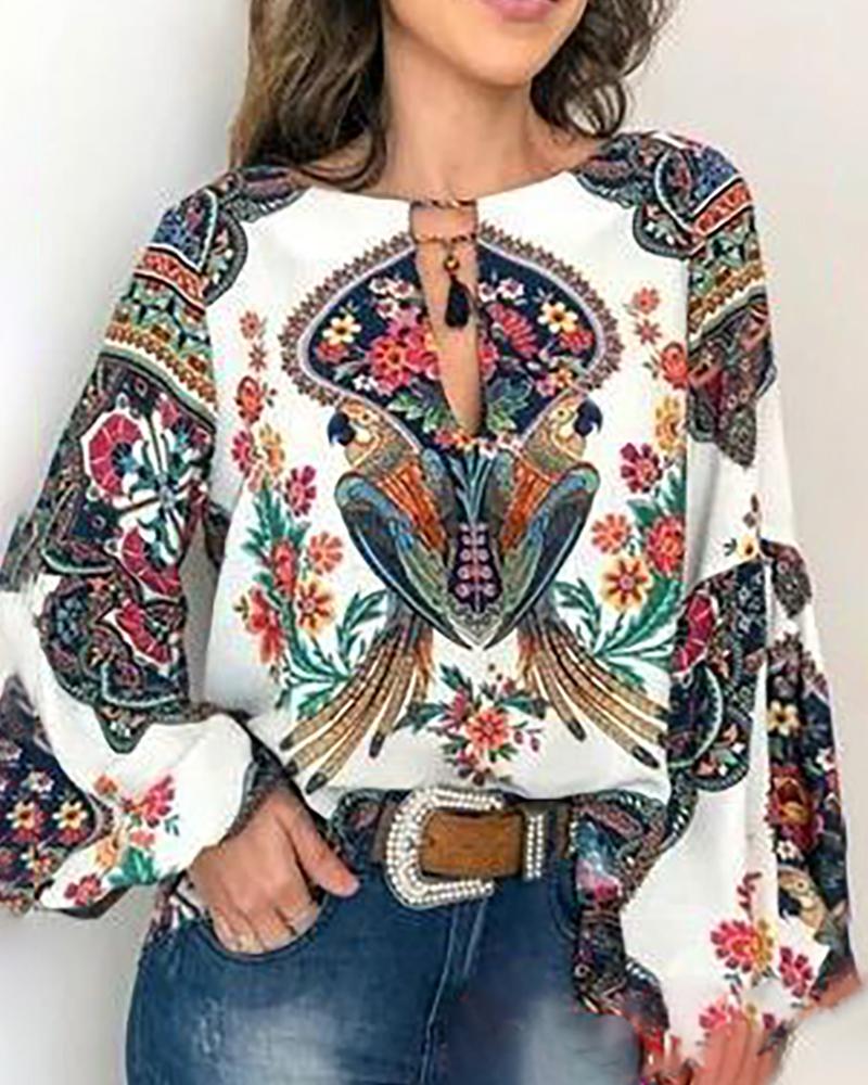

Exotic Print O-neck Lantern Sleeve Blouse, White