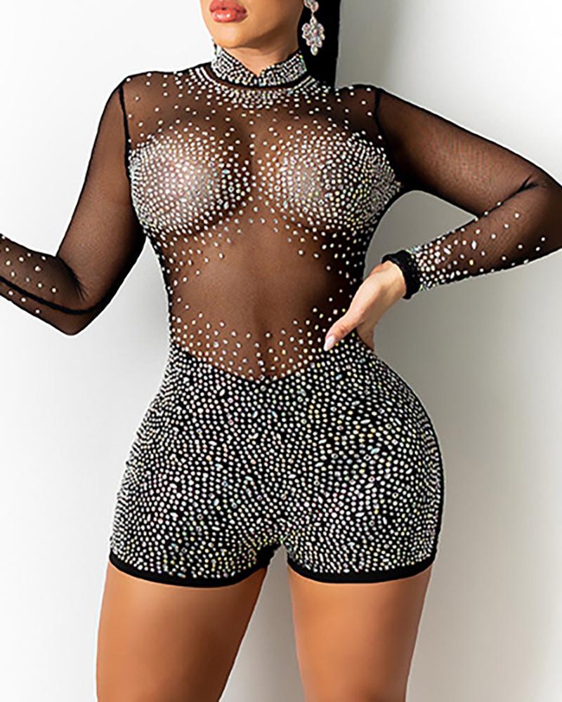 

Studded Sheer Mesh Long Sleeve Skinny Romper, Black