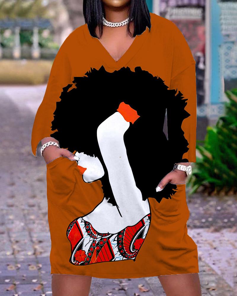 

Plus Size Figure Print V-Neck Long Sleeve Dress, Orange