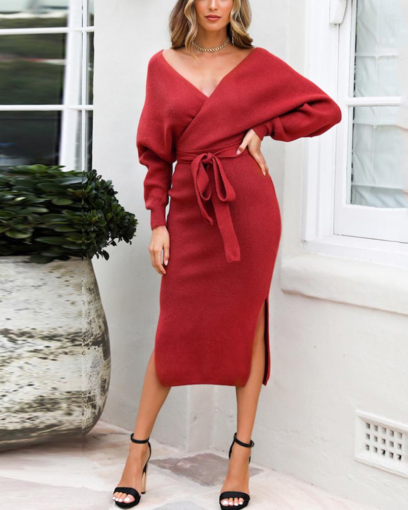 

Batwing Sleeve Bowknot Tie Split Hem Wrap Sweater Dress, Red
