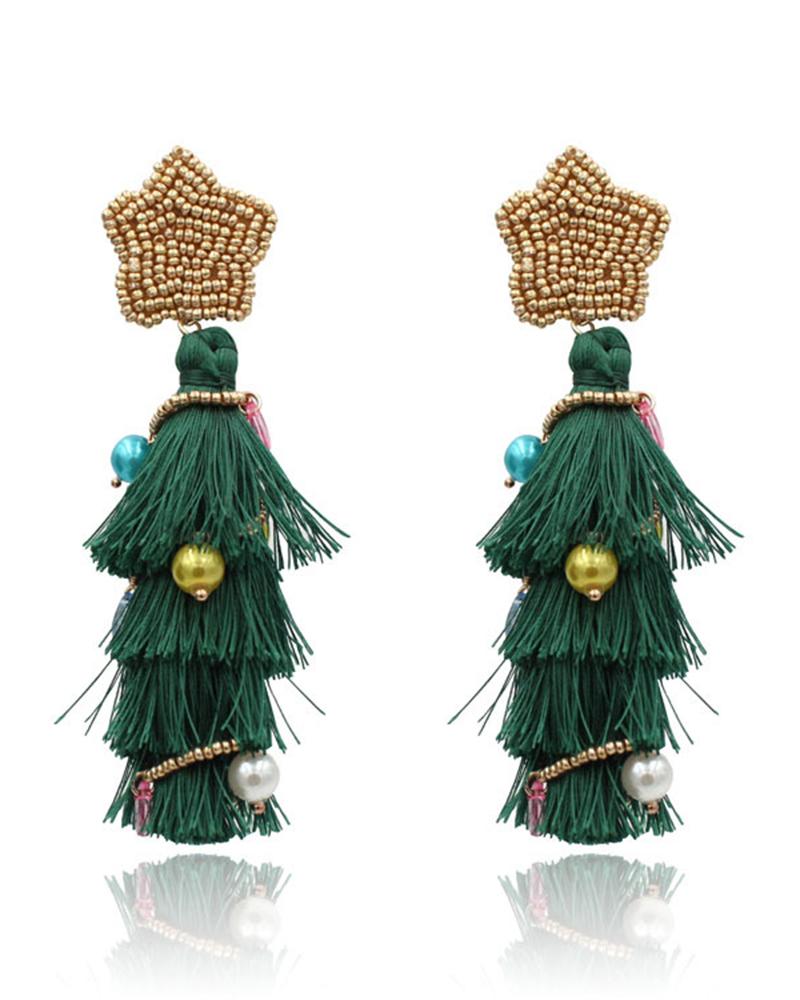 

1Pair Christmas Tassel Beaded Drop Earrings, Green